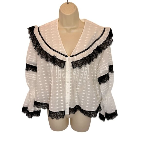 NEW Hunter Bell Black White Blouse Ruffles Lace V-Neck - Size M - Picture 1 of 6